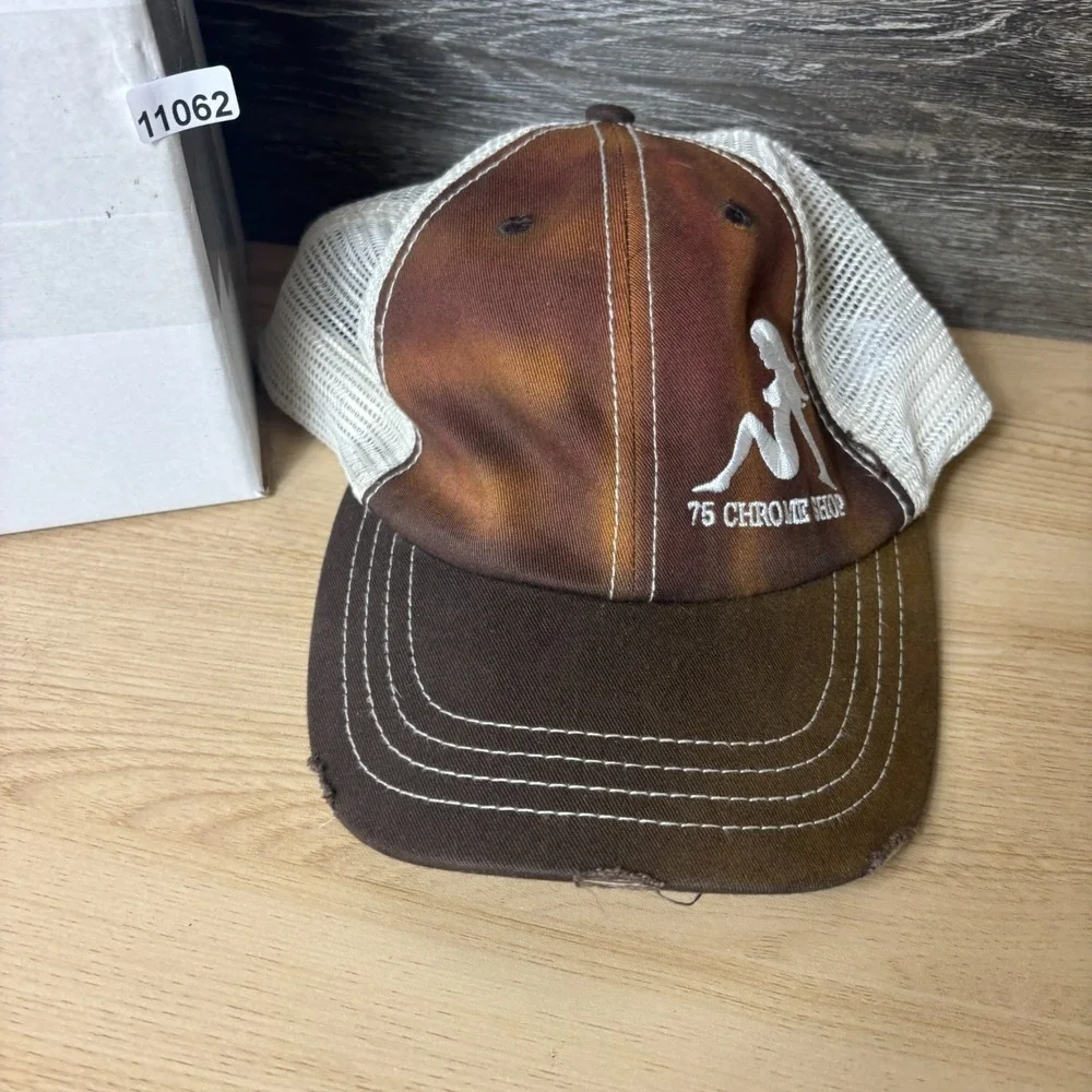 75 Chrome Shop Hat Cap Strap Back Brown Faded Distressed Adjustable